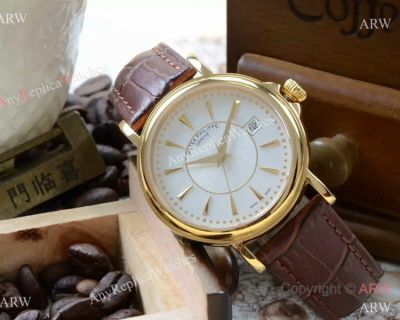 New Patek Philippe Copy Yellow Gold Brown Leather Strap Watch